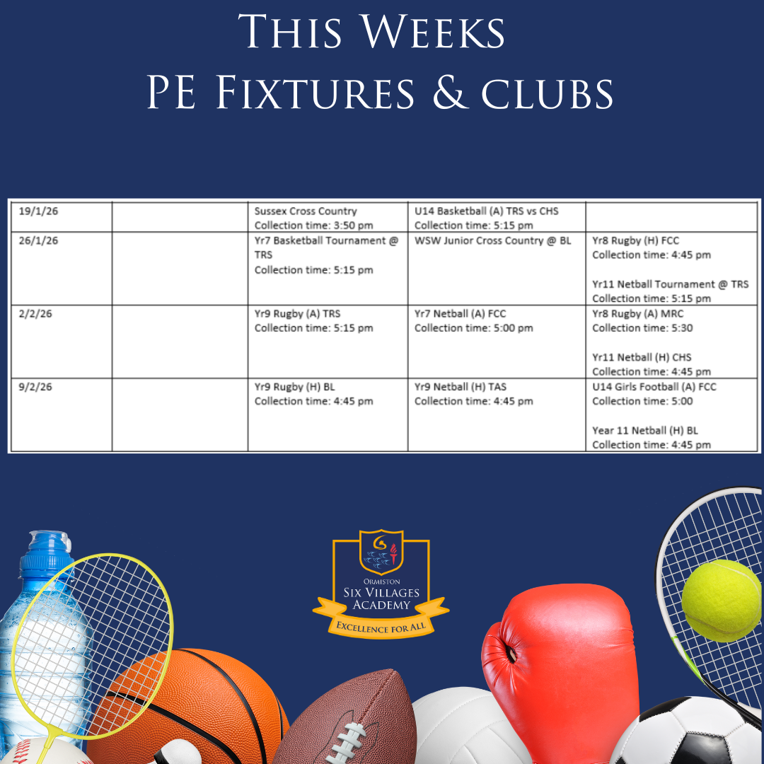 This weeks PE fixtures & clubs