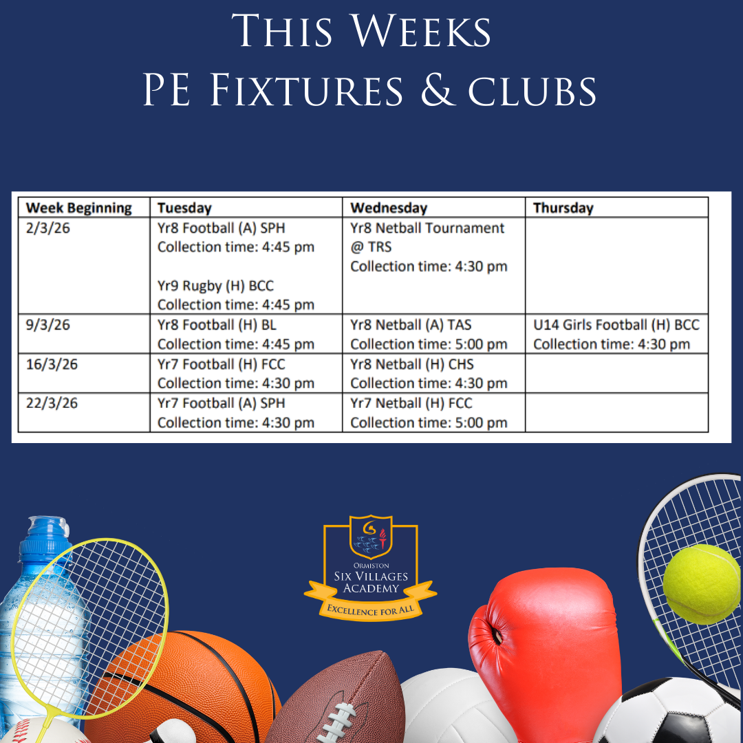 This weeks pe fixtrues and clubs